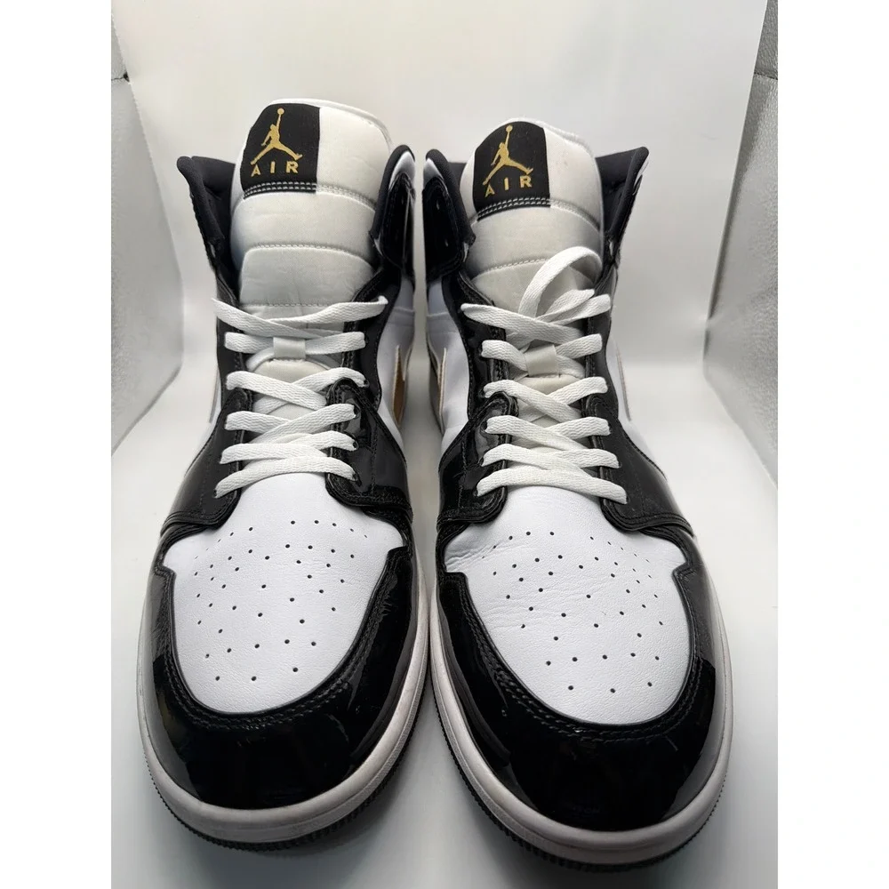 Jordan 1 Mid White Black Metallic Gold Patent Leather Sneakers SIZE 18